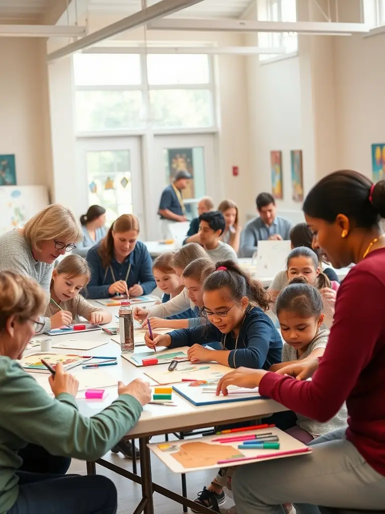 A community art workshop in a local village hall, with participants of all ages creating colorful artwork, reflecting TOUTAZIMUT's commitment to accessible cultural activities.