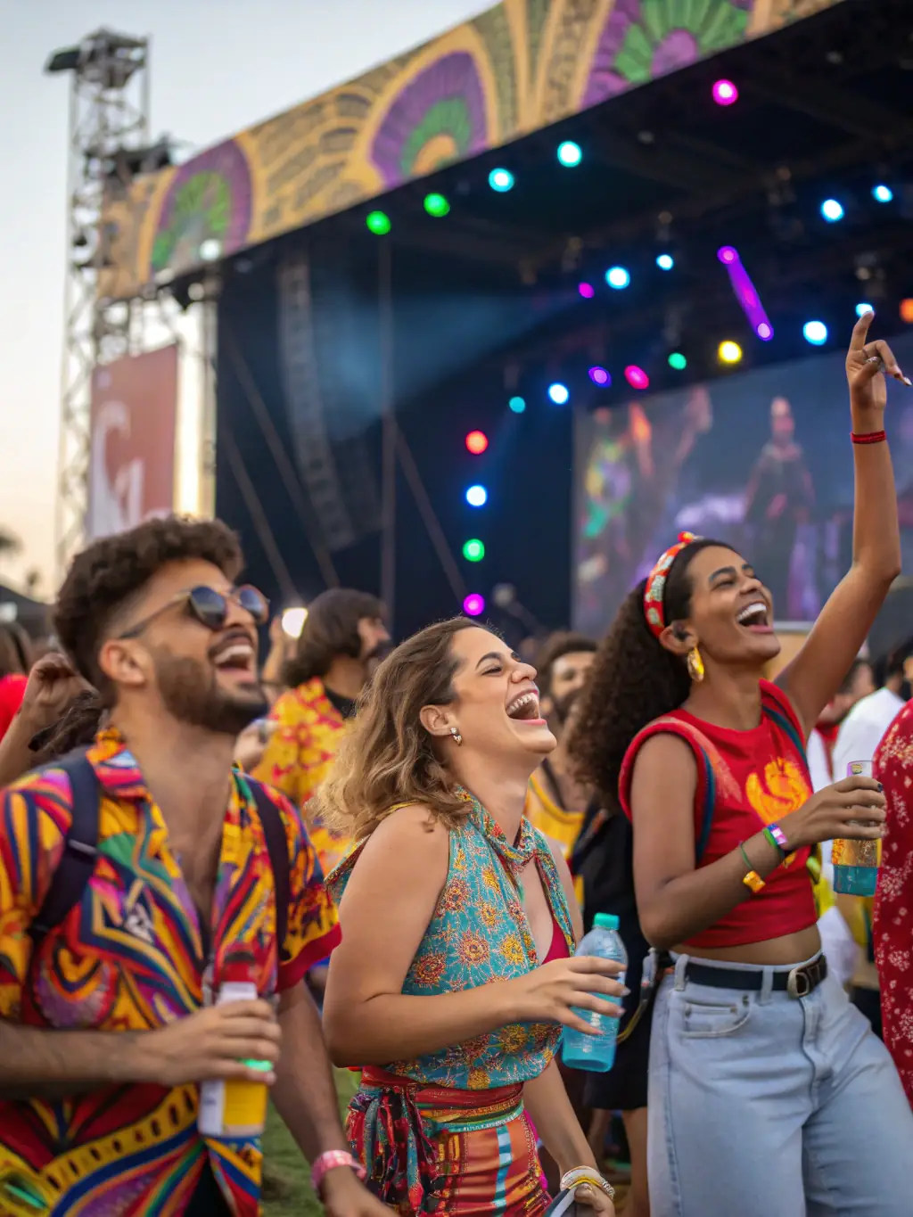 A vibrant outdoor music festival scene in Faux-la-Montagne, with a diverse crowd enjoying live performances under a sunny sky, showcasing TOUTAZIMUT's role in promoting local culture.