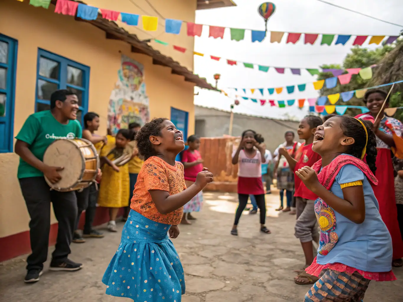 A vibrant image showing community members participating in a TOUTAZIMUT event, such as a local festival or cultural performance, with smiles and active engagement.