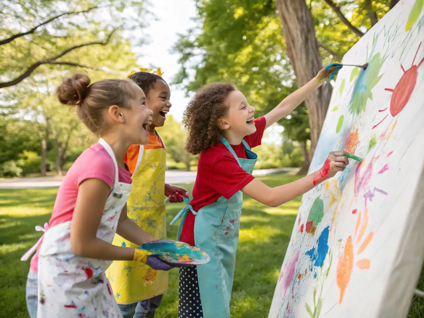 A group of children participating in an interactive art workshop, showcasing TOUTAZIMUT's commitment to providing creative opportunities for young people.