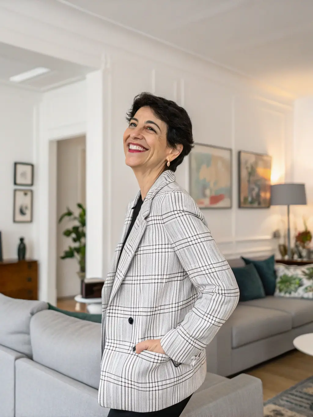 A portrait of a smiling French woman with short brown hair and glasses, wearing a professional blazer.