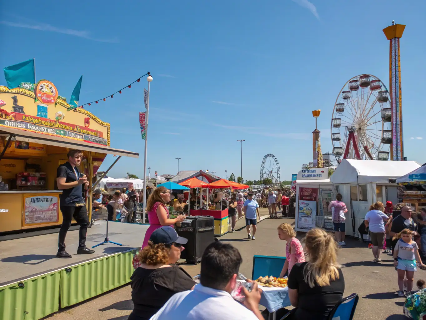 A vibrant outdoor festival scene with people of all ages enjoying live music and local food stalls, capturing the essence of community engagement and cultural celebration.