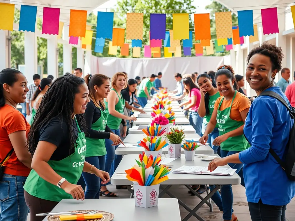 A photograph capturing a group of diverse individuals collaborating on a TOUTAZIMUT project, such as setting up for an event or participating in a workshop.